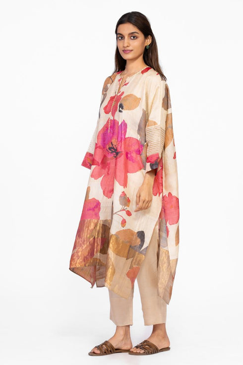 Multicolor floral silk zari detail kaftan tunic with pants