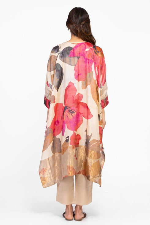 Multicolor floral silk zari detail kaftan tunic with pants