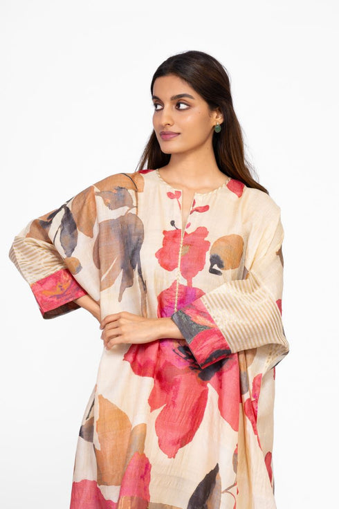 Multicolor floral silk zari detail kaftan tunic with pants