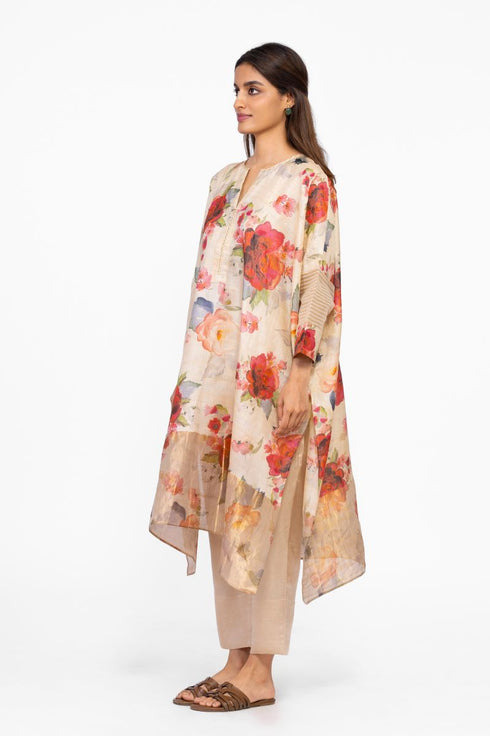 Multicolor floral zari detail silk kaftan tunic with pants