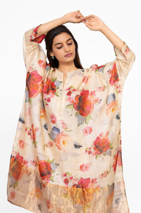 Multicolor floral zari detail silk kaftan tunic with pants