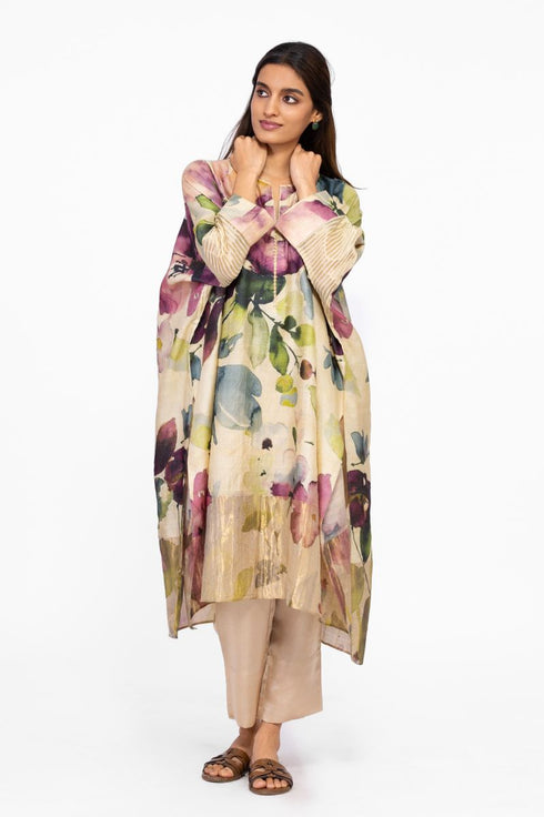 Multicolor floral zari detail kaftan tunic with pants