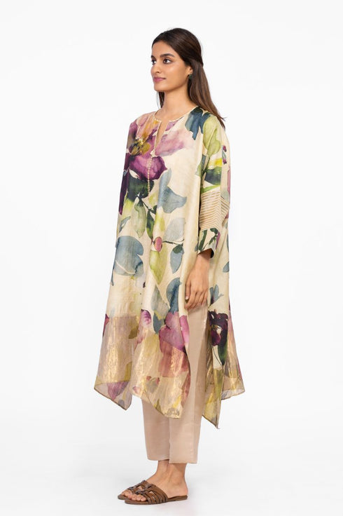 Multicolor floral zari detail kaftan tunic with pants