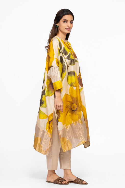 Multicolor floral silk kaftan tunic with silk pants