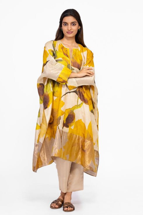 Multicolor floral silk kaftan tunic with silk pants