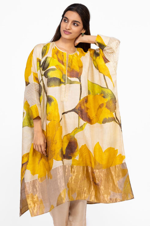 Multicolor floral silk kaftan tunic with silk pants
