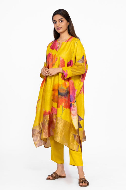 Multicolor floral silk kaftan tunic with pants
