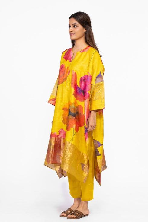 Multicolor floral silk kaftan tunic with pants