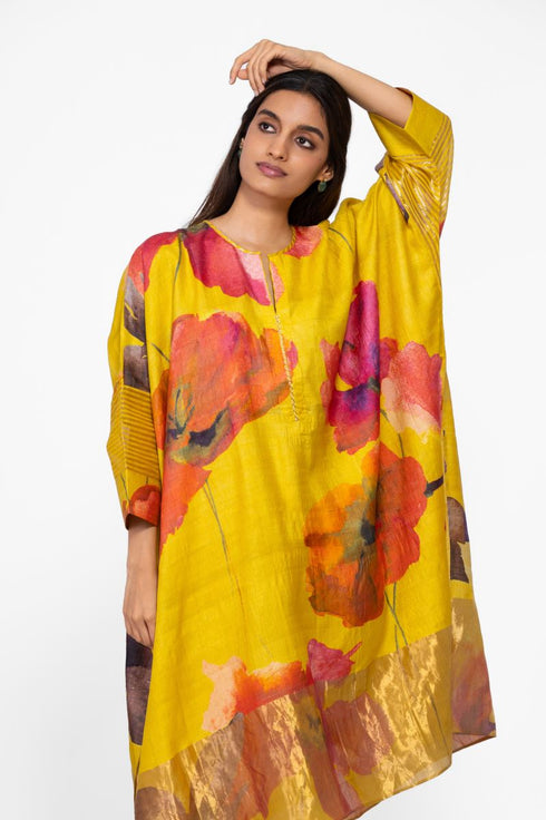 Multicolor floral silk kaftan tunic with pants