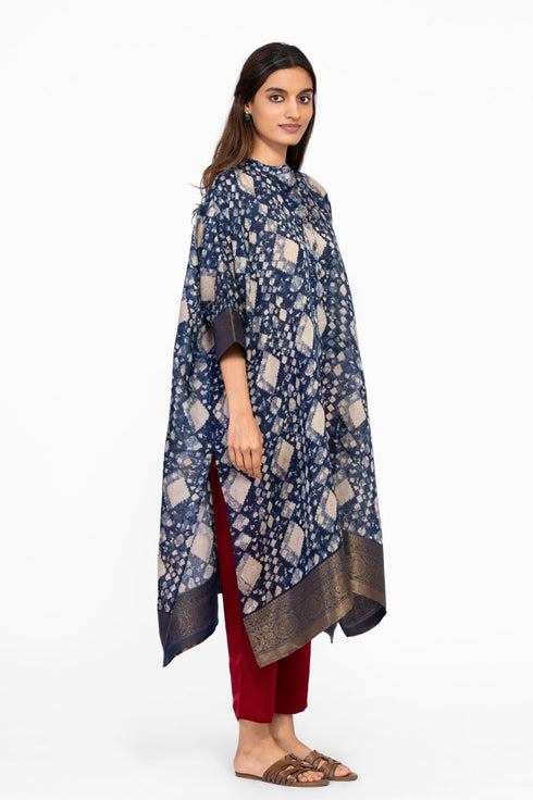 Indigo geometric print silk kaftan tunic with pants