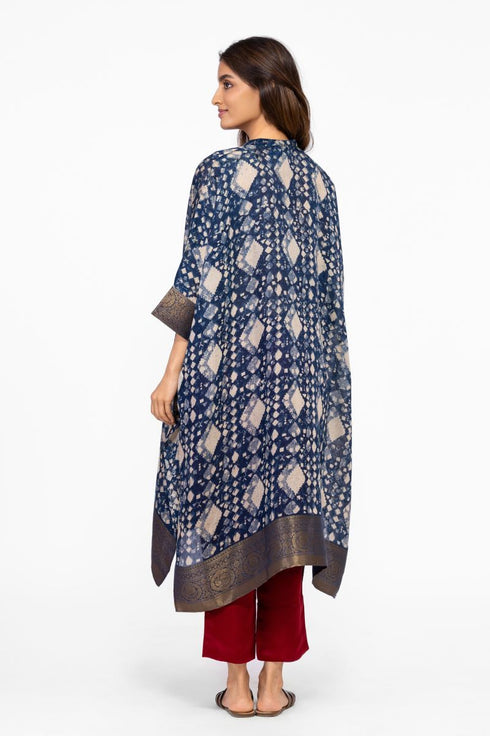 Indigo geometric print silk kaftan tunic with pants