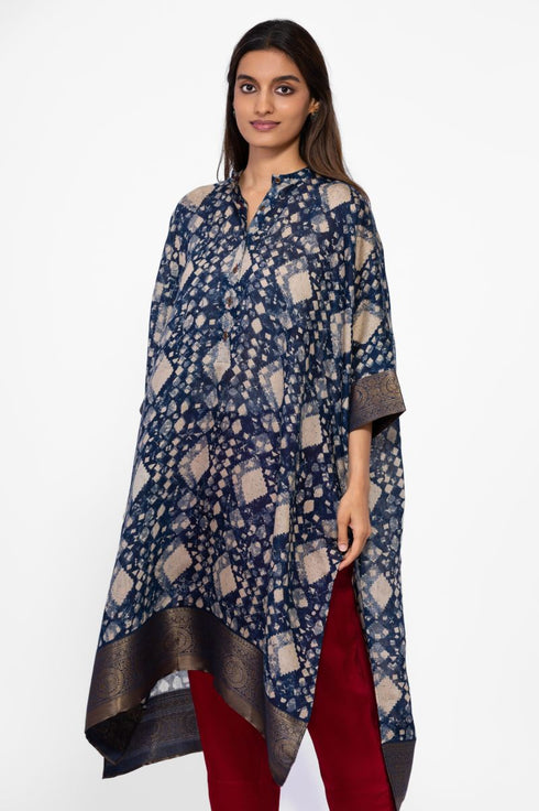Indigo geometric print silk kaftan tunic with pants