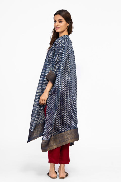 Indigo silk kaftan tunic with pants