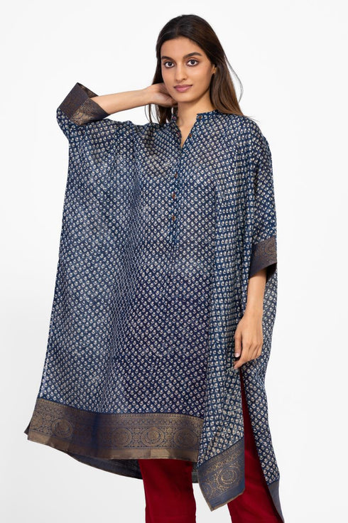 Indigo silk kaftan tunic with pants