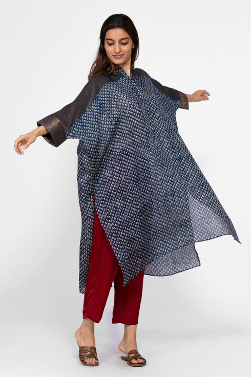 Indigo shirt style kaftan tunic with pants
