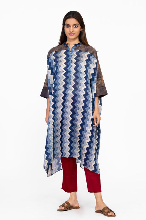 Indigo geometric print kaftan tunic with pants