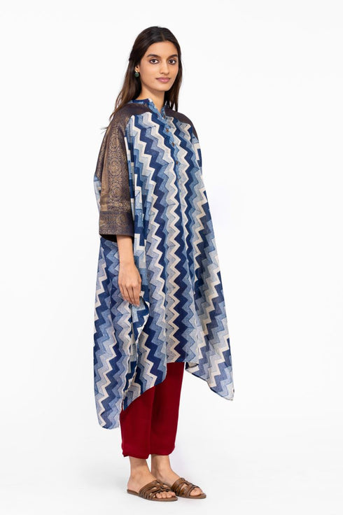 Indigo geometric print kaftan tunic with pants