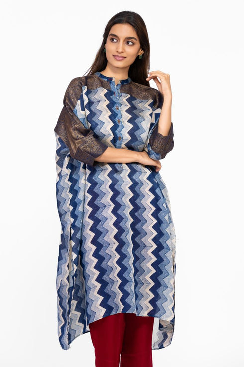 Indigo geometric print kaftan tunic with pants