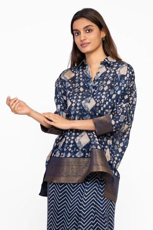 Indigo kaftan shirt with pleated skirt
