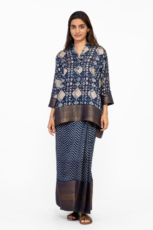 Indigo kaftan shirt with pleated skirt