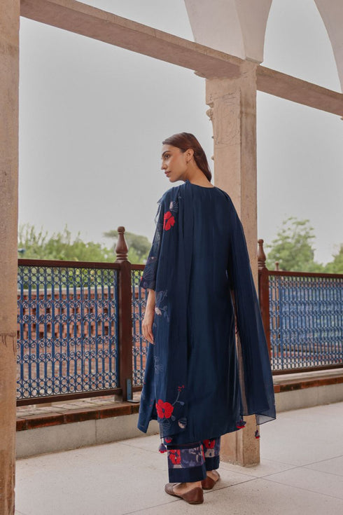 Indigo bloom applique kurta set