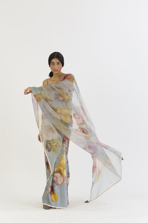 Indigo shades of blue rose half silk half organza sari