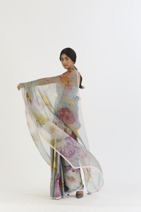 Indigo shades of blue rose half silk half organza sari