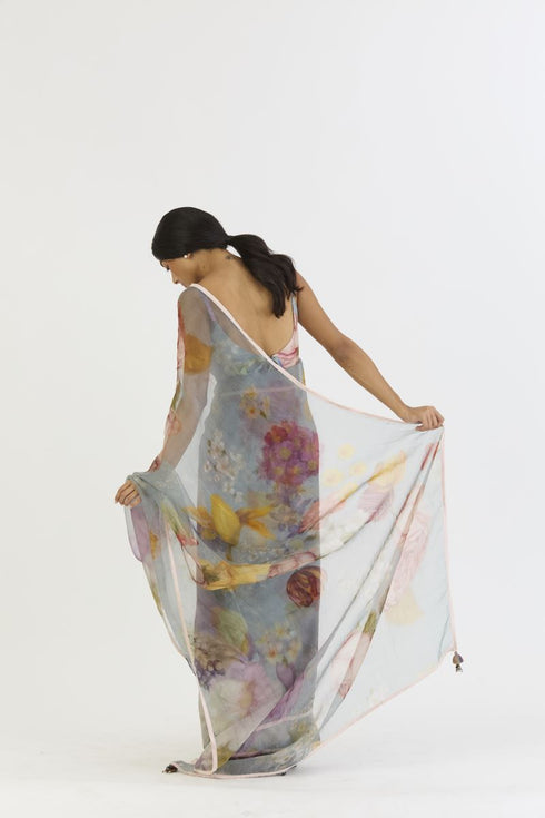 Indigo shades of blue rose half silk half organza sari