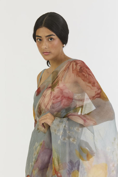 Indigo shades of blue rose half silk half organza sari