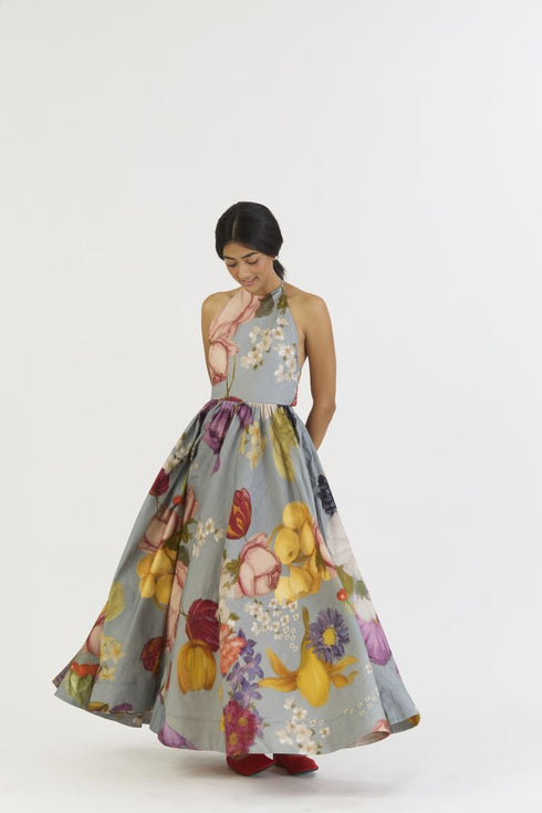 Indigo shades of blue rose halter neck dress