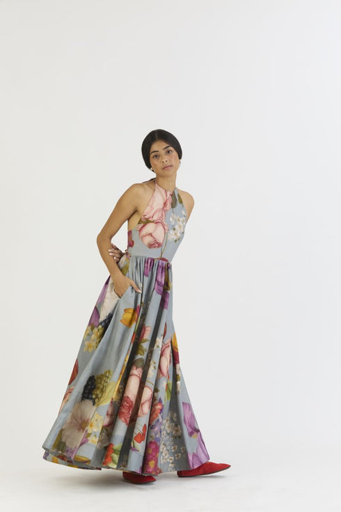 Indigo shades of blue rose halter neck dress