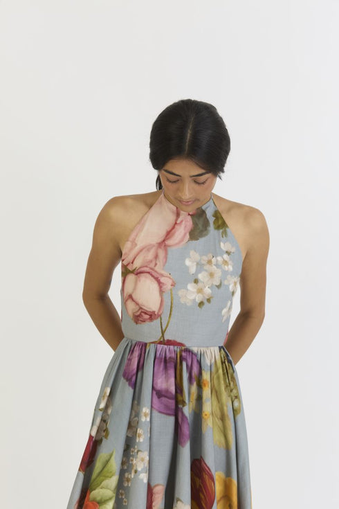 Indigo shades of blue rose halter neck dress