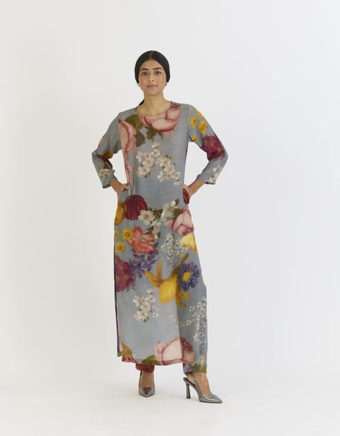 Indigo shades of blue rose long kurta set