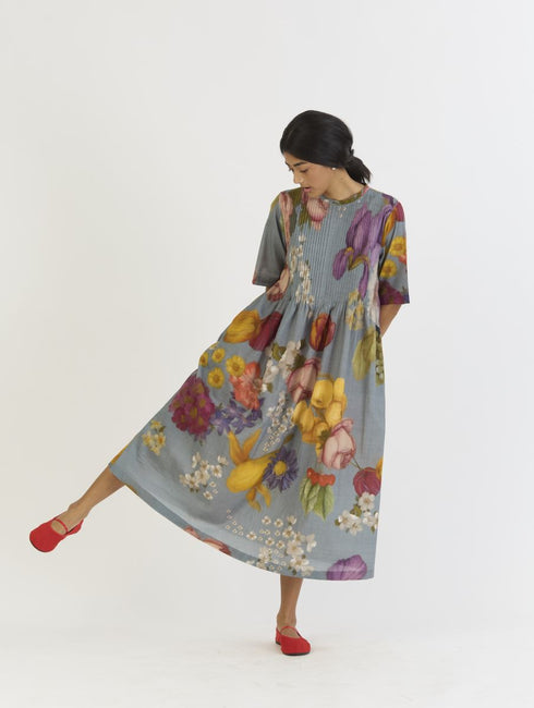 Indigo shades of blue rose pintuck dress