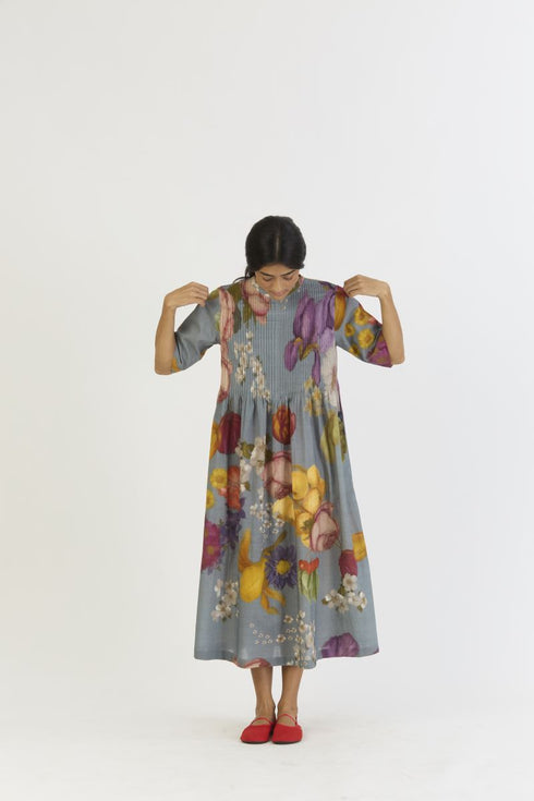 Indigo shades of blue rose pintuck dress