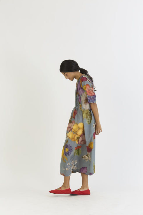 Indigo shades of blue rose pintuck dress