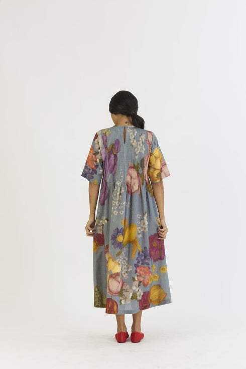Indigo shades of blue rose pintuck dress