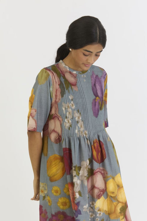 Indigo shades of blue rose pintuck dress