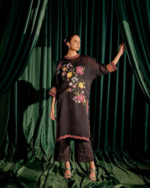 Iris black floral applique kimono kurta with sheer applique pants