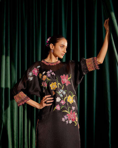 Iris black floral applique kimono kurta with sheer applique pants