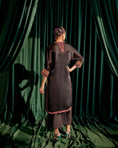 Iris black floral applique kimono kurta with sheer applique pants