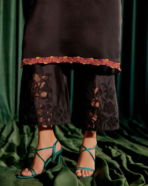 Iris black floral applique kimono kurta with sheer applique pants