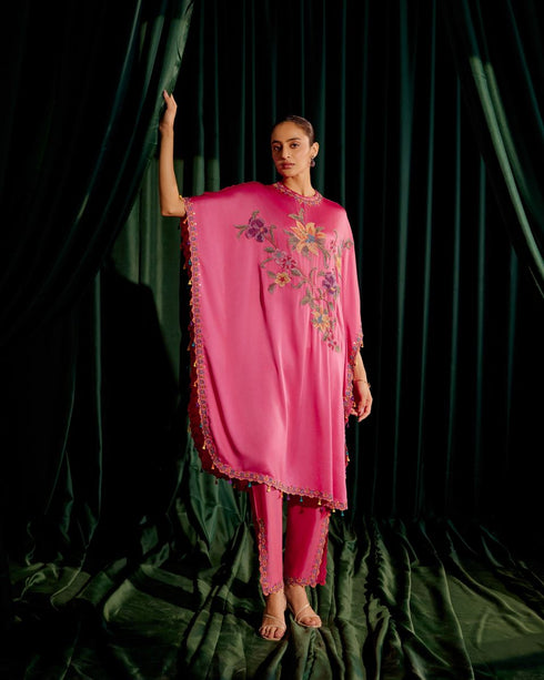 Iris fuchsia floral beadwork kaftan with embroidered slit detail pants
