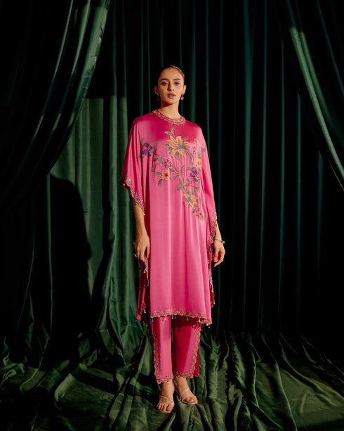 Iris fuchsia floral beadwork kaftan with embroidered slit detail pants