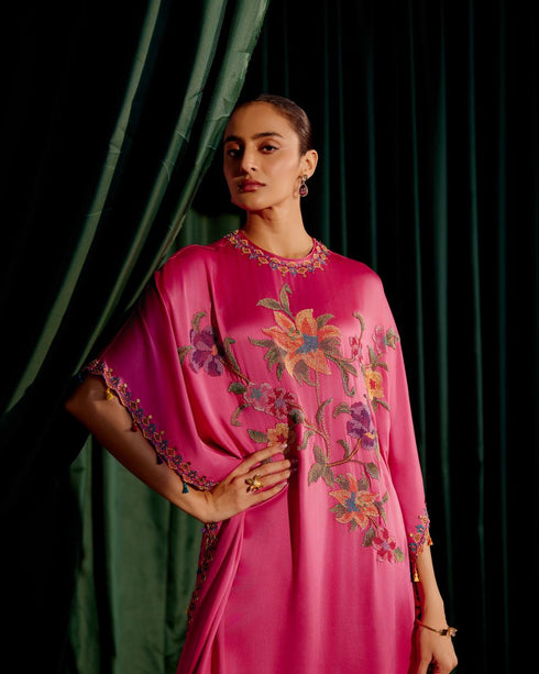 Iris fuchsia floral beadwork kaftan with embroidered slit detail pants