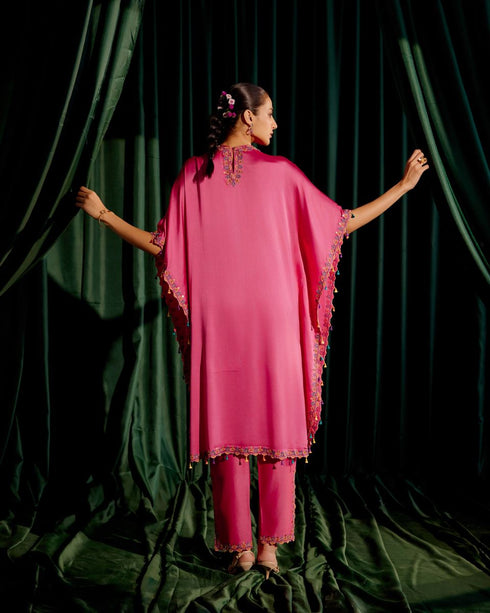 Iris fuchsia floral beadwork kaftan with embroidered slit detail pants
