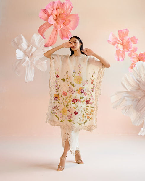 Iris ivory floral applique and beadwork kaftan