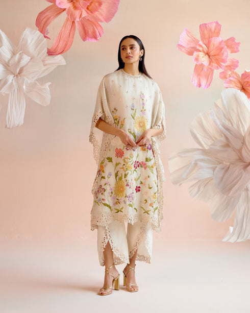 Iris ivory floral applique and beadwork kaftan