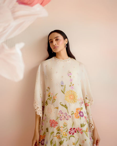 Iris ivory floral applique and beadwork kaftan