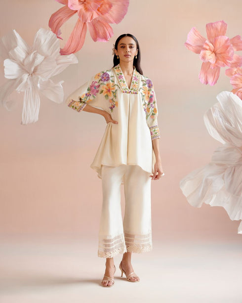 Iris ivory floral beadwork tunic with cutwork pants